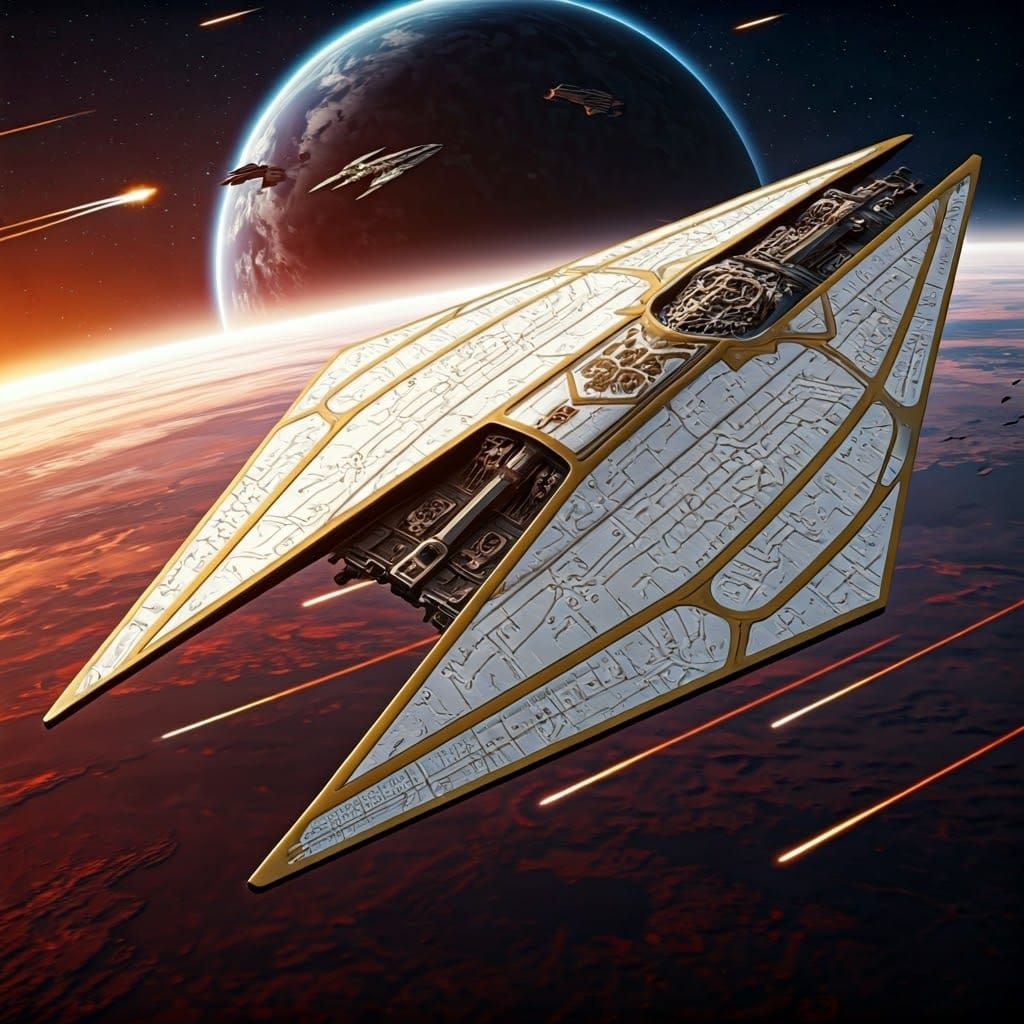 Gothic Spaceship Overlooks Fiery Planetary Battle