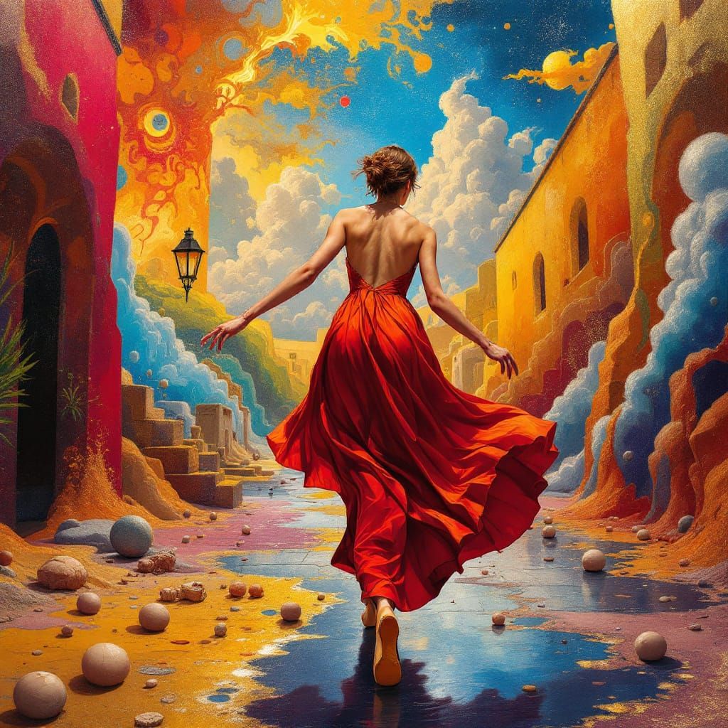 Surreal Street Scene with Distorted Forms