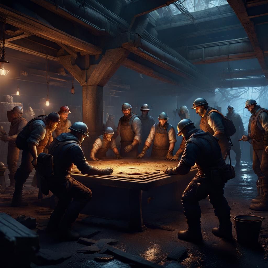 A team of workers gathered around a project, working togethe...