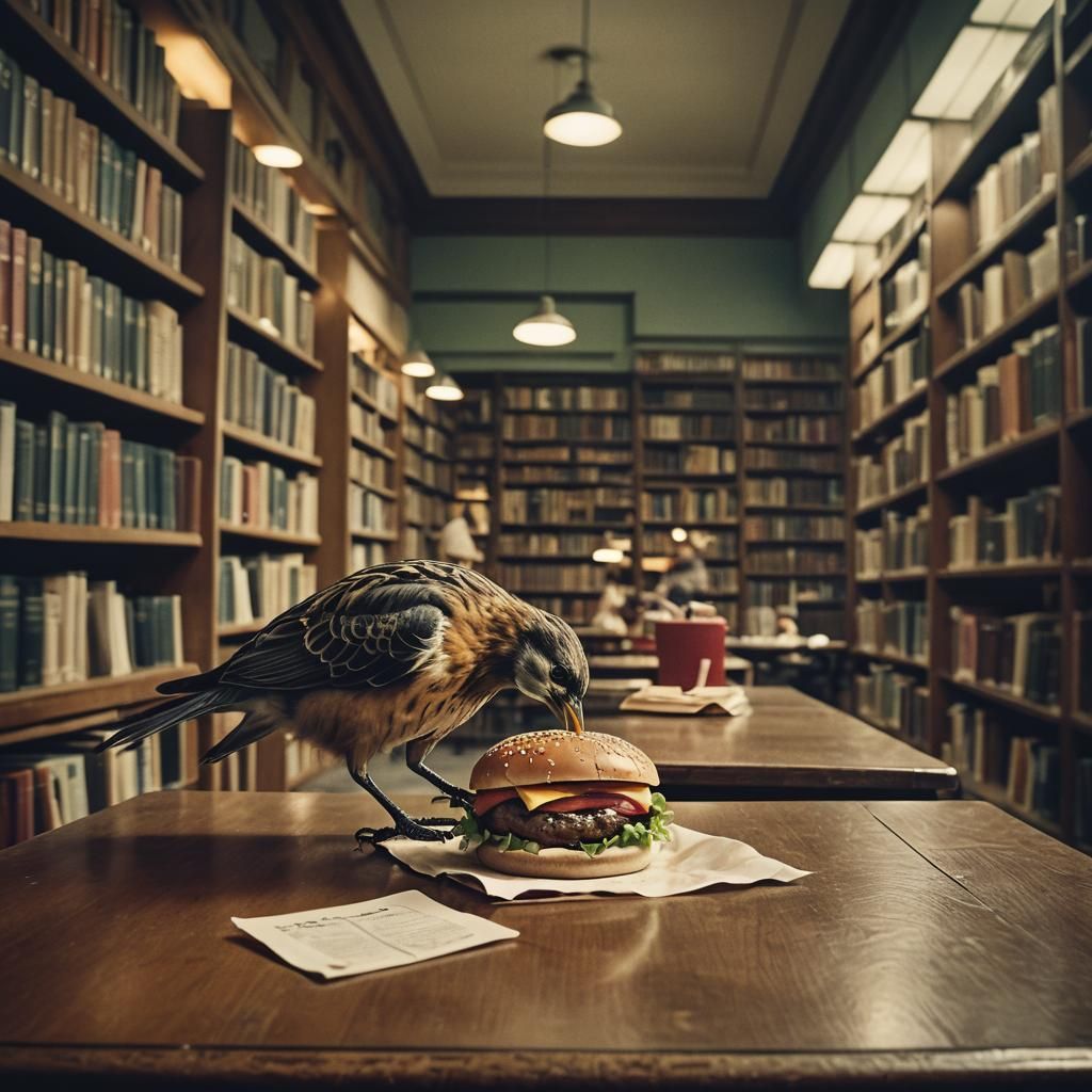 Bird Enjoys Burger in Library: Cinematic Still