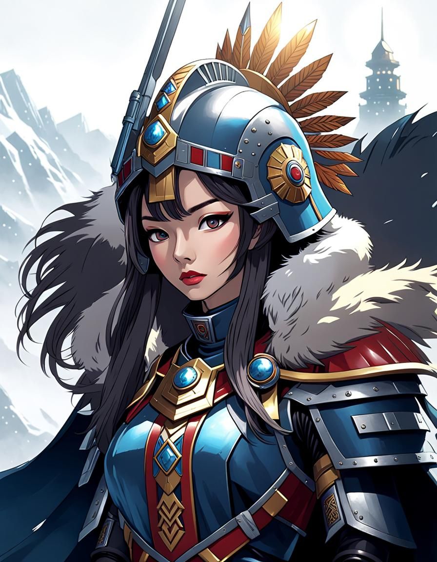 Space Marine Woman in Cybernetic Armor with Aztec Headdress