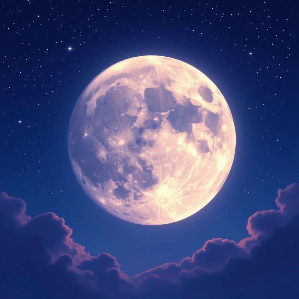 Luminous Full Moon in Starry Night Sky