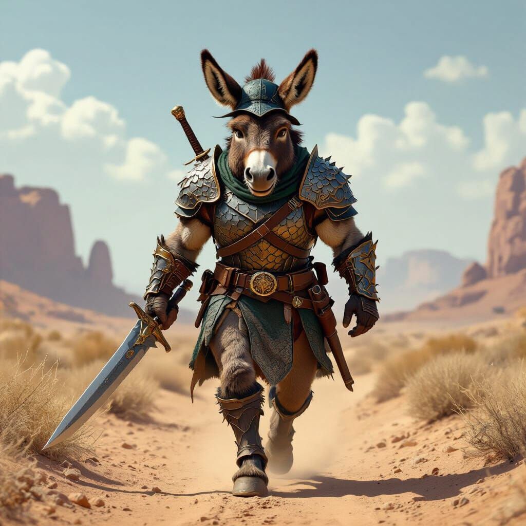 Donkey Knight in Dragon Armor with Dirk and Deerstalker Cap