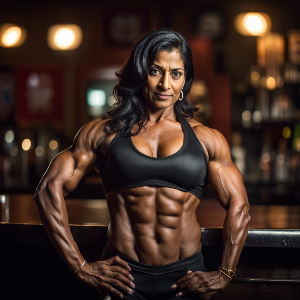 Muscular Indian Woman Bodybuilder Flexing at a Bar