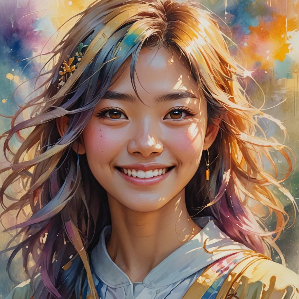 Smiling Japanese Girl Portrait in Art Nouveau Style