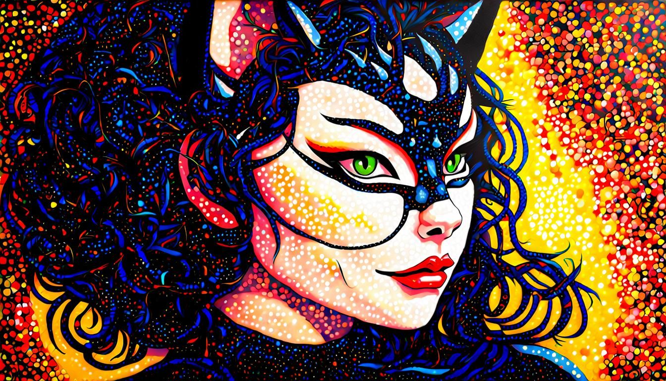 Neko Cat Woman in Pointillism, Acrylic on Canvas