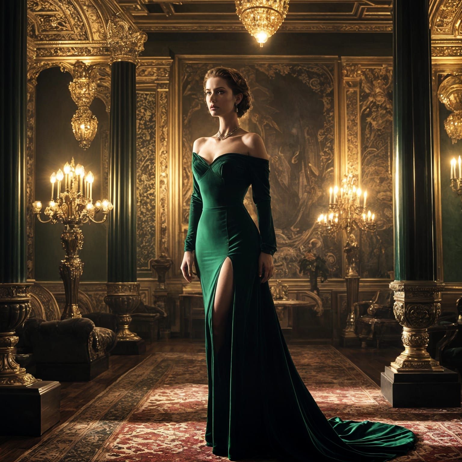 Gorgeous Woman in Velvet Green Dress in Epic Cinematic Digit...