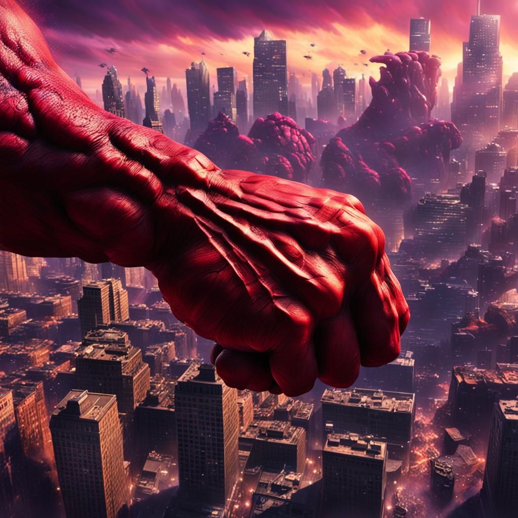 Red Hulk Smashes Through Cityscape: Epic Digital Painting