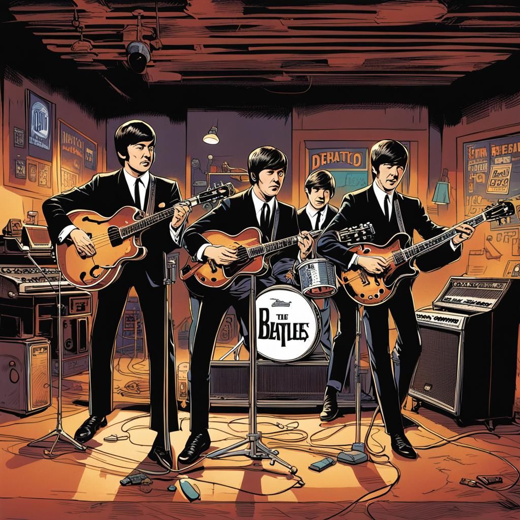 The Beatles Playing Toy Instruments in Comic Book Art