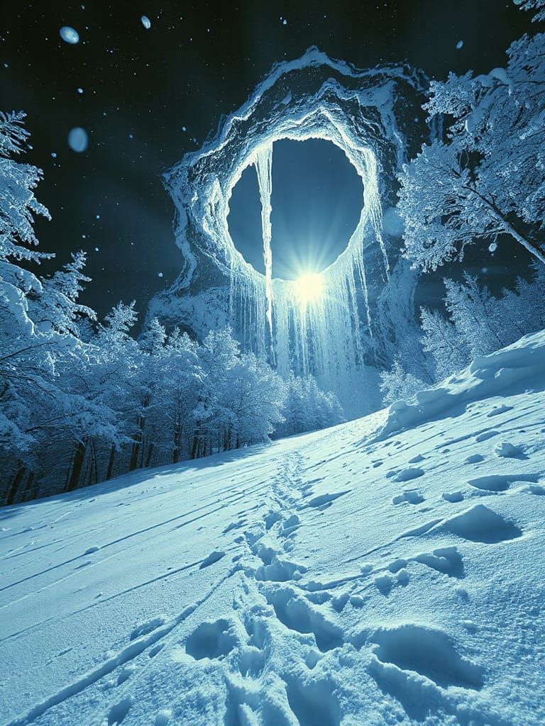 Surreal Winter Scene With Upward Snowfall And Void