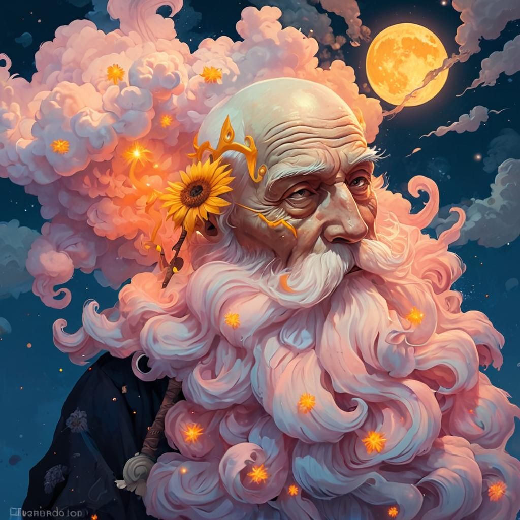 Wizard with Cotton Candy Beard in Watercolor Style