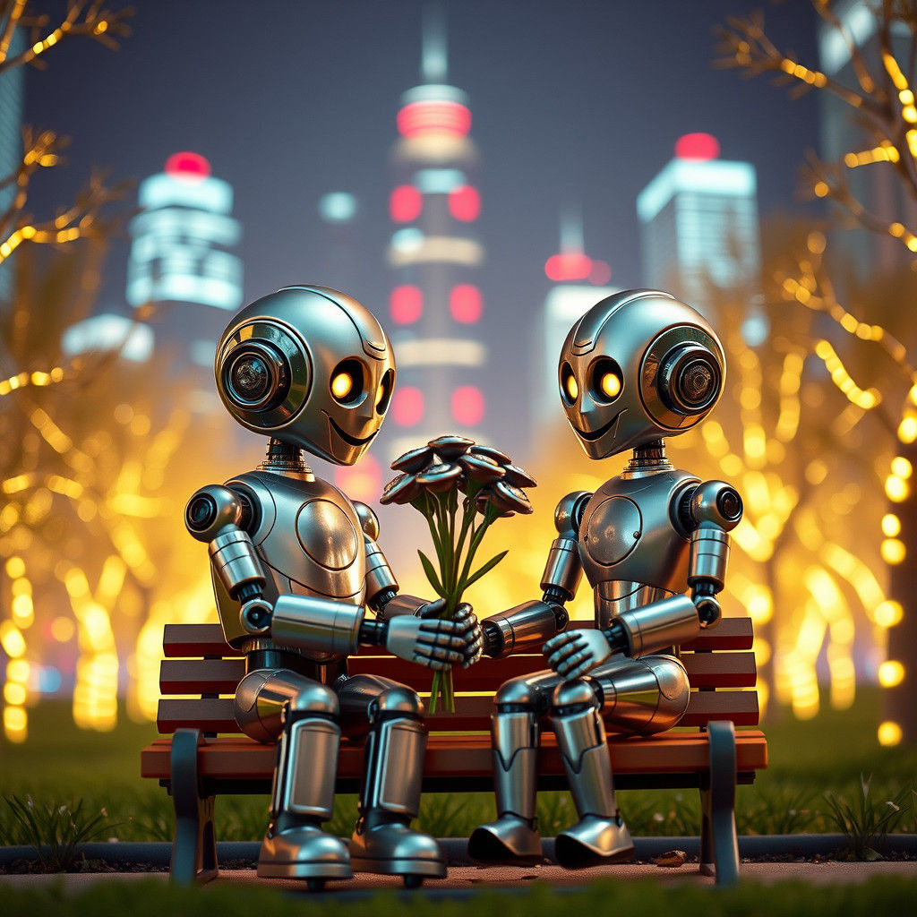 Toy Robots in Love, in a Syd Mead Style