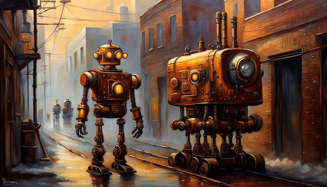 Steampunk Robot in Foggy Alleyway: Oil Painting