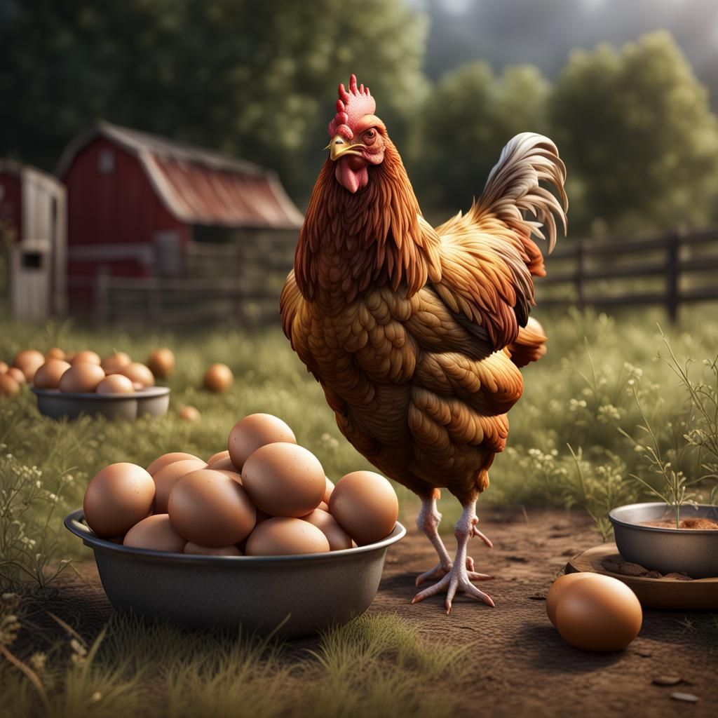 A chicken, farm background