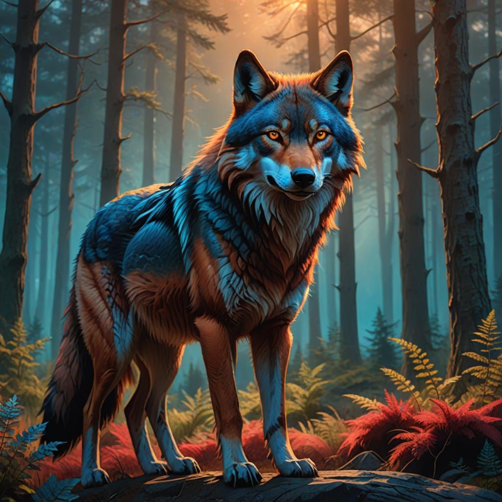 Blue and Red Wolf in Misty Forest: Digital Art