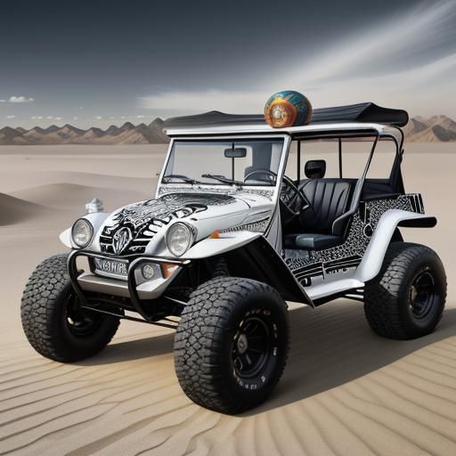 Side view Day of the Dead chrome black
And white Jester Bitcoin pattern on 1968 VW Baja Buggie huge tires billowing whit...