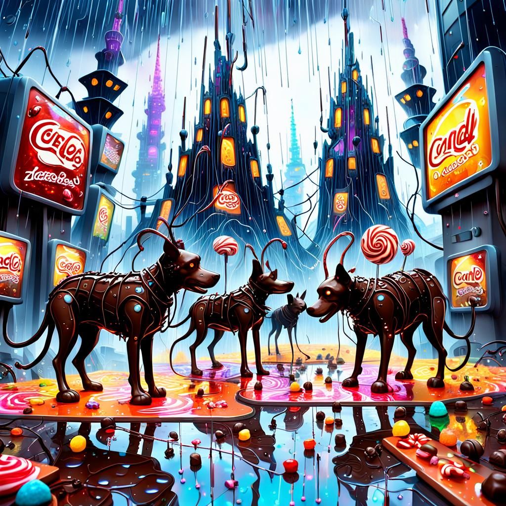 Candy Towers in Chocolate Rain: Surreal Digital Art