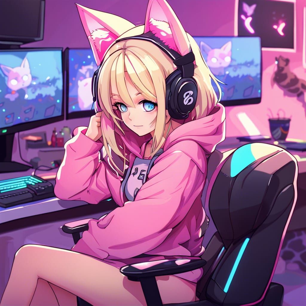 Anime Streamer Girl with Cat Ears in Gaming Setup