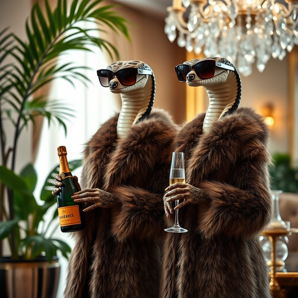 Elegant Snakes Toasting Champagne in Hotel
