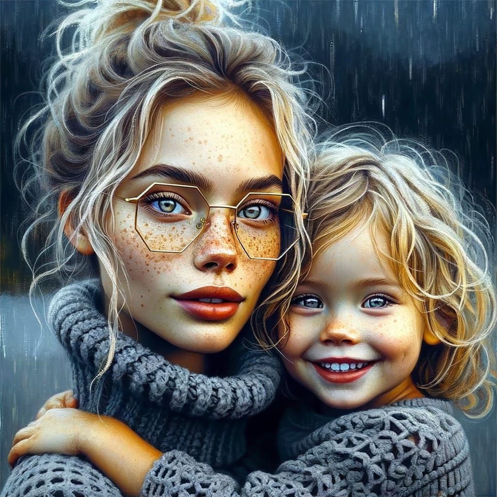 Matte Portrait of Mother and Daughter in Rainy Background