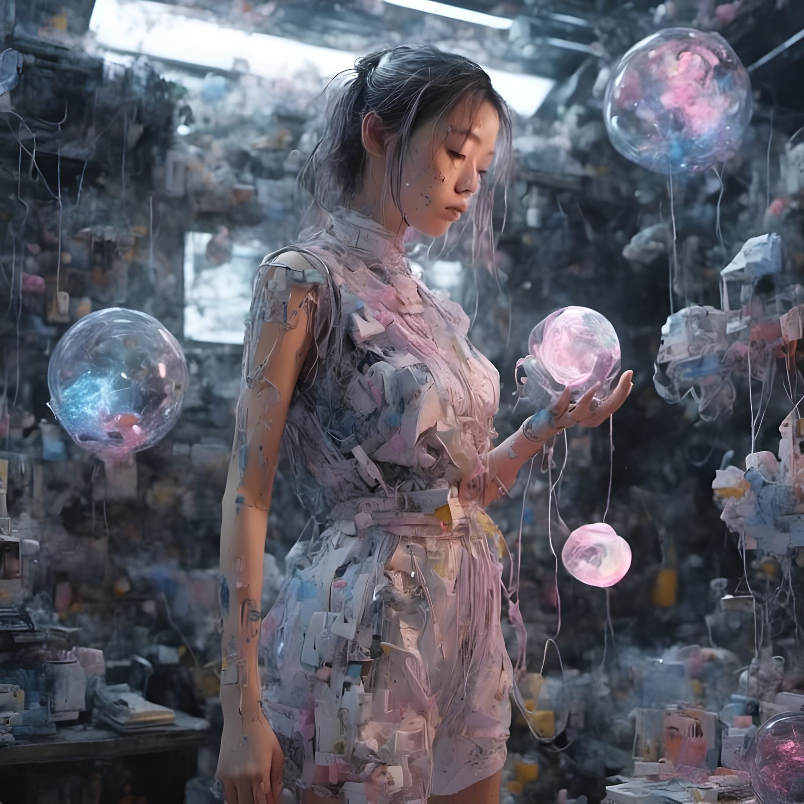Girl with Futuristic Objects: Hyperdetailed Oil Painting
