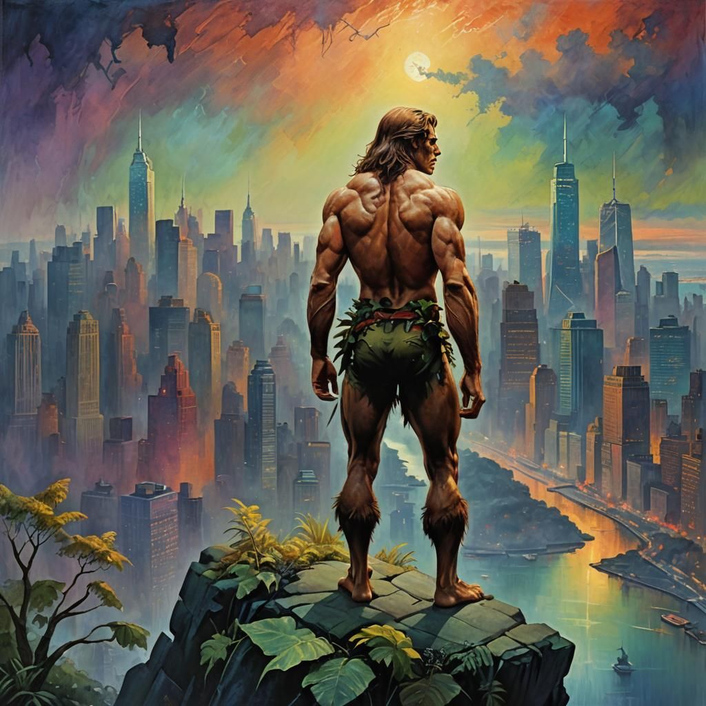 Tarzan Stands Majestically in Vibrant Urban Jungle Landscape