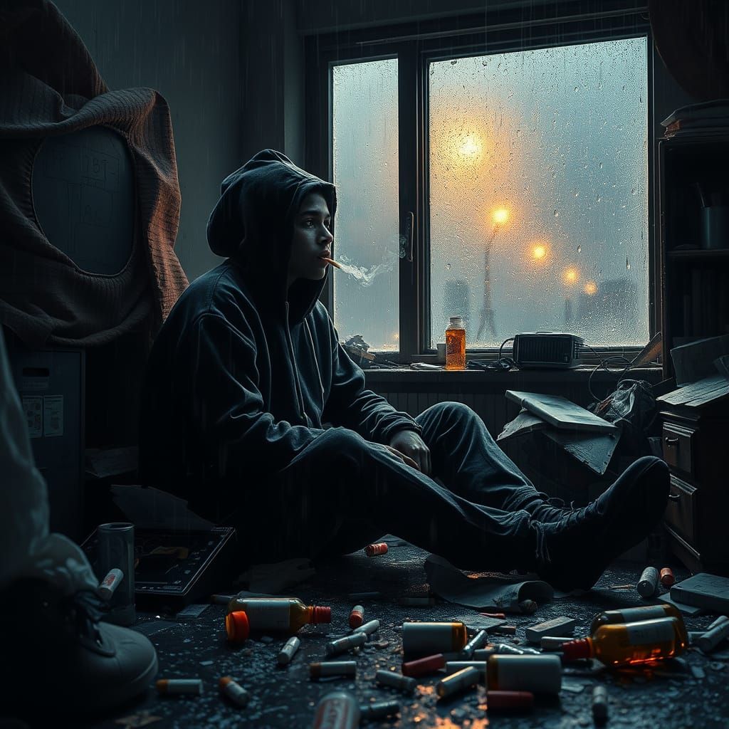 Melancholic Teenager in a Cluttered, Rainy Room