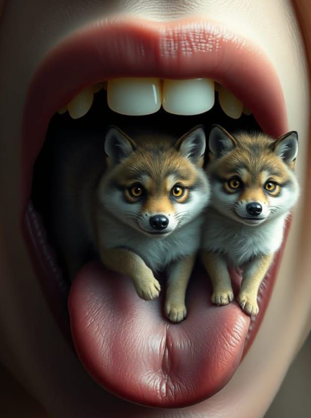 Surreal Wolves in Open Mouth Close-Up