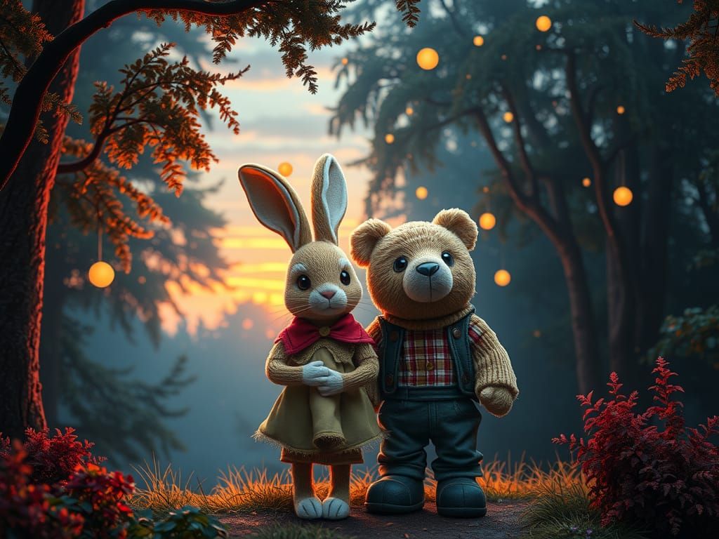 Stuffed Toys' Forest Adventure in Matte Painting Style
