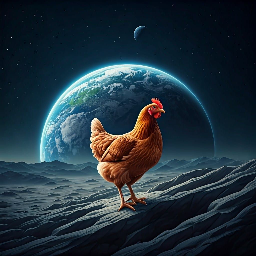 Chicken on the Lunar Horizon in Vibrant Colors