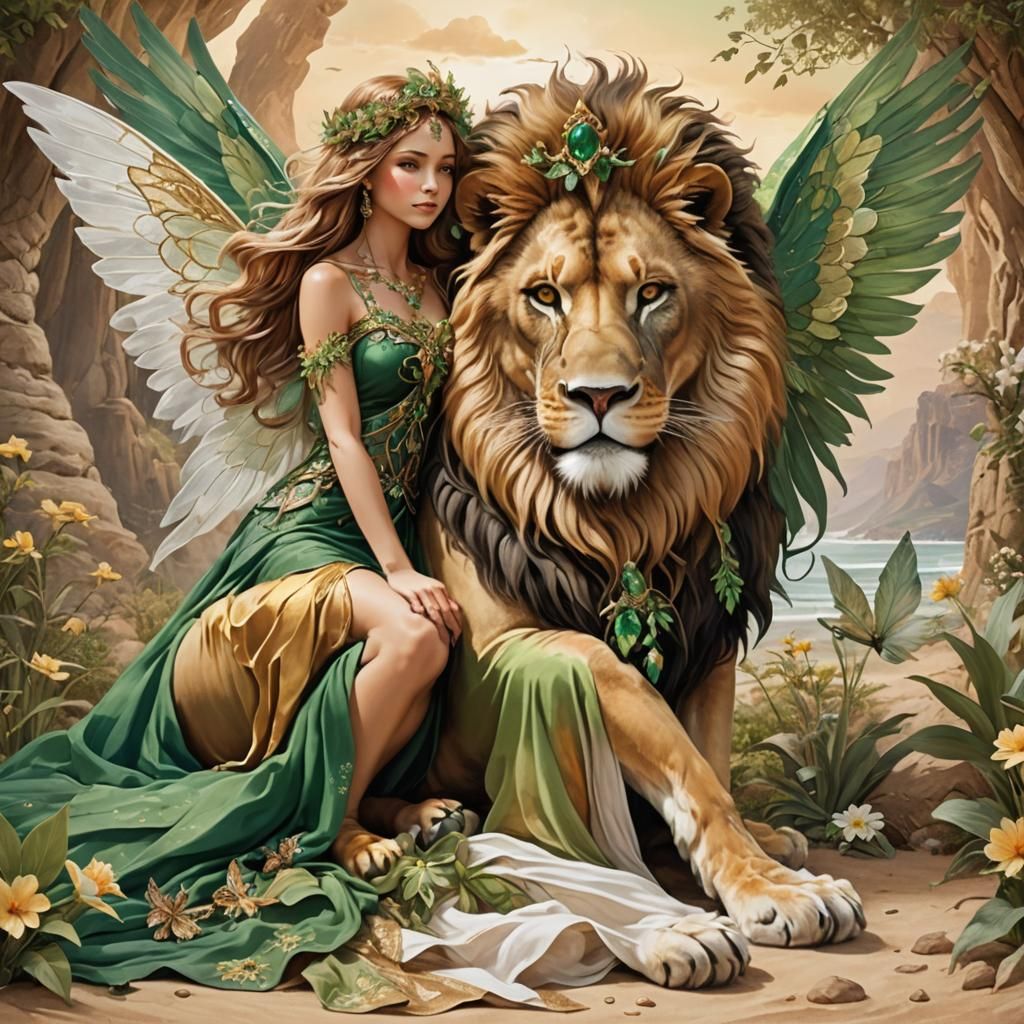 Lion and Fairy in Desert Landscape
