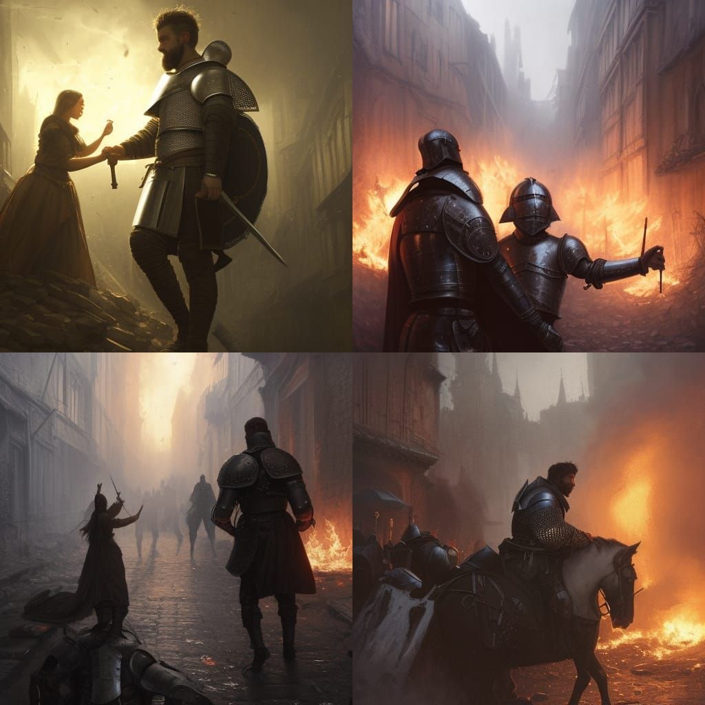 Knight Saving Girl in Burning City: Dark Fantasy Art