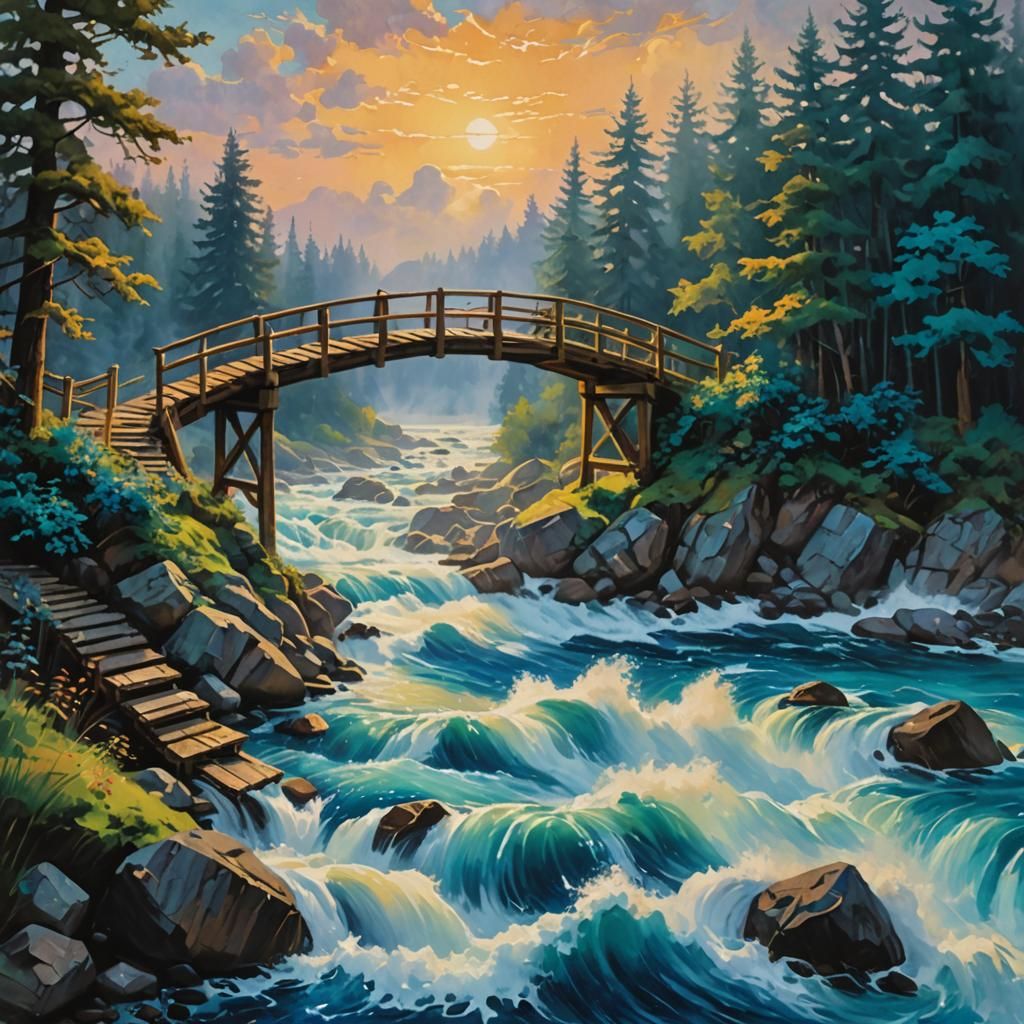 Footbridge over Electric Waters in Gouache Style