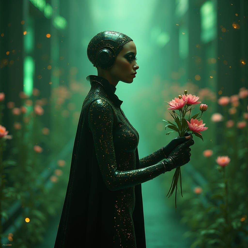 Cyberpunk Goddess in Latex Attire, Surrounded by Circuitry a...