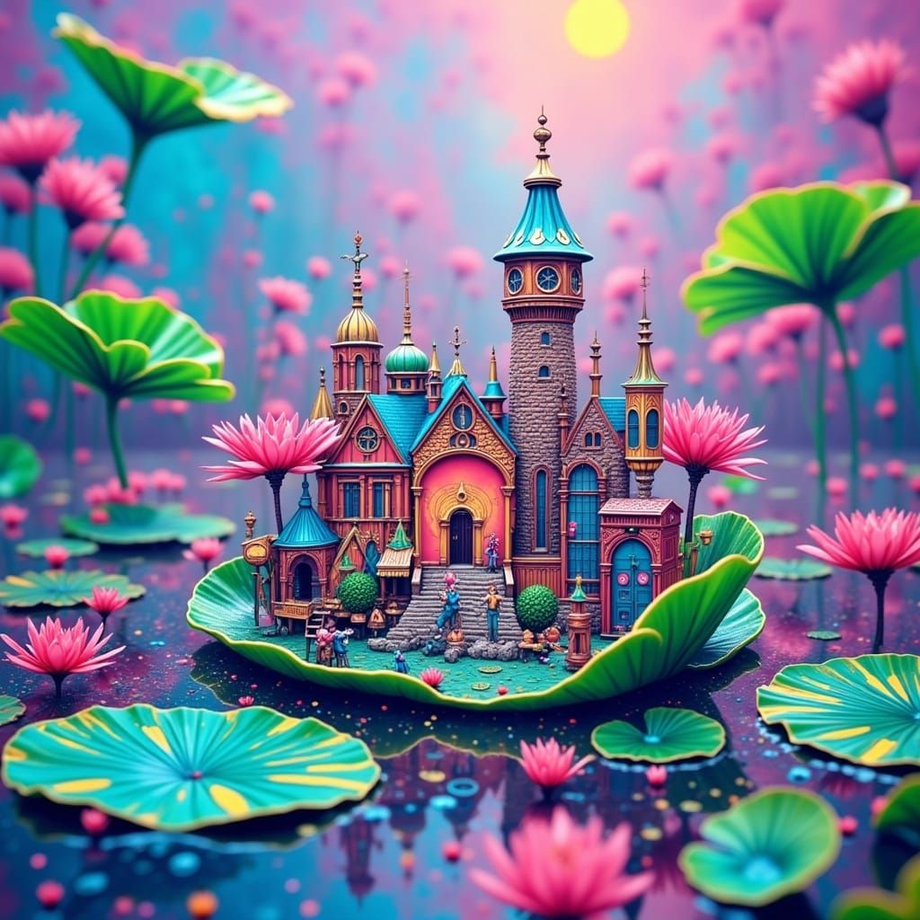 Steampunk City on a Vibrant Lily Pad