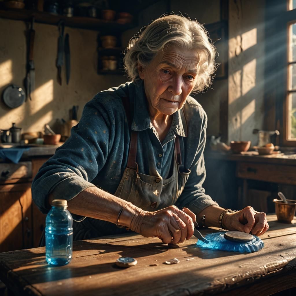 Elderly Woman Struggles With Bottle Cap: Fantasy Art