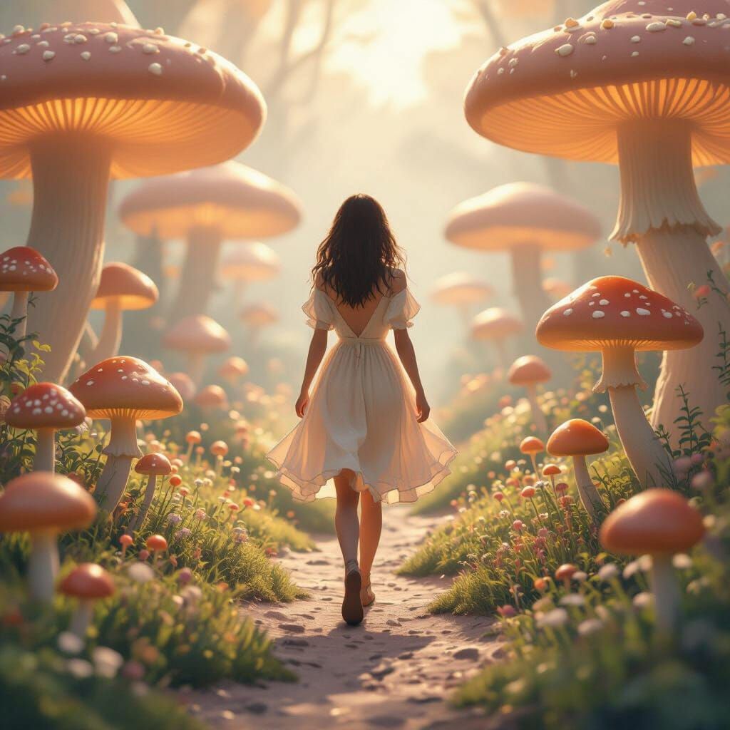 Alice in Whimsical Lo-Fi Mushroom Garden