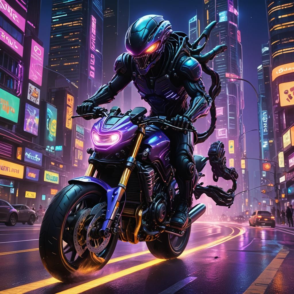 Aliens Ride Racing Bike on Neon Road in Sci-Fi Art