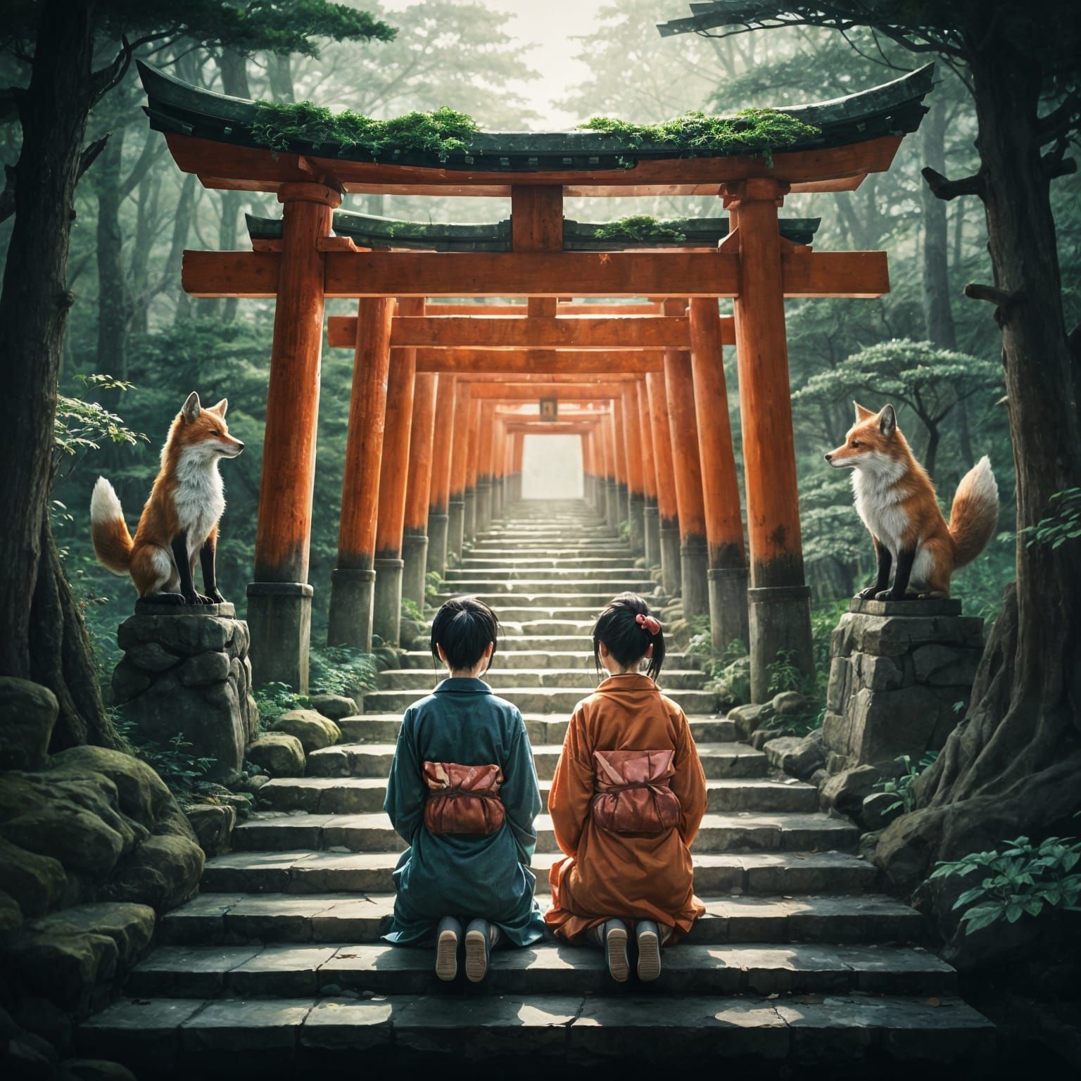 Inari Shrine Prayer Scene in Hokusai Style