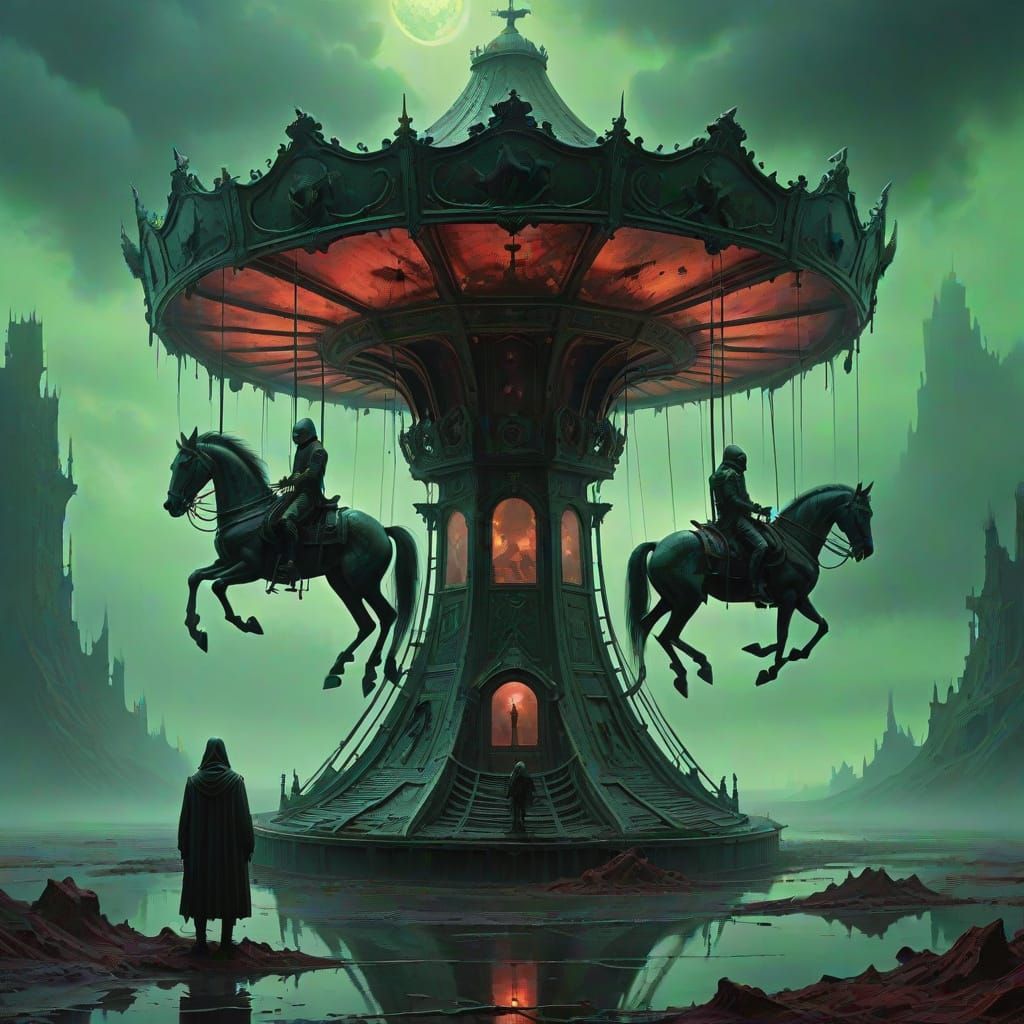 Surreal Apocalypse Carousel with Eerie Horsemen