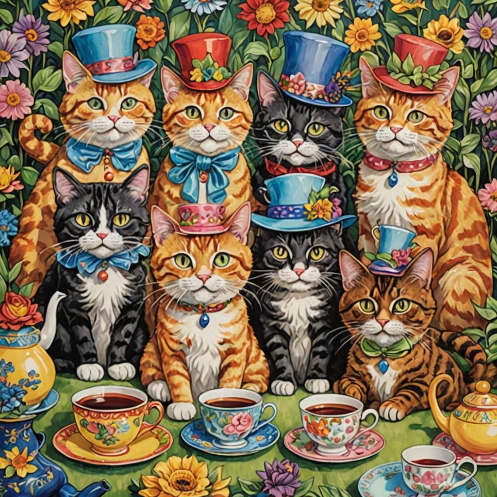 Whimsical Cats' Tea Party in Colorful Garden