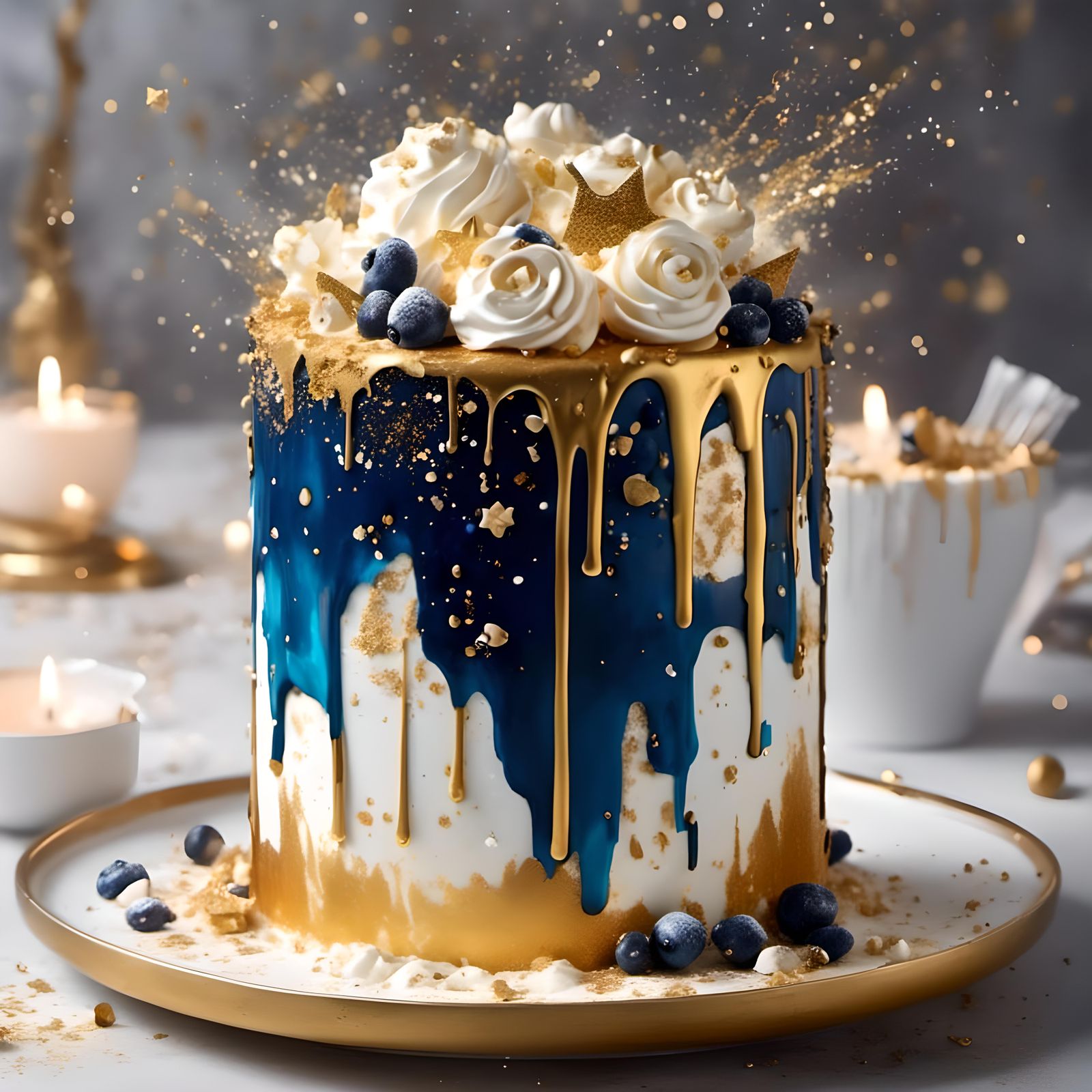 Strawberry Cake with Gold Decorations on Blue
