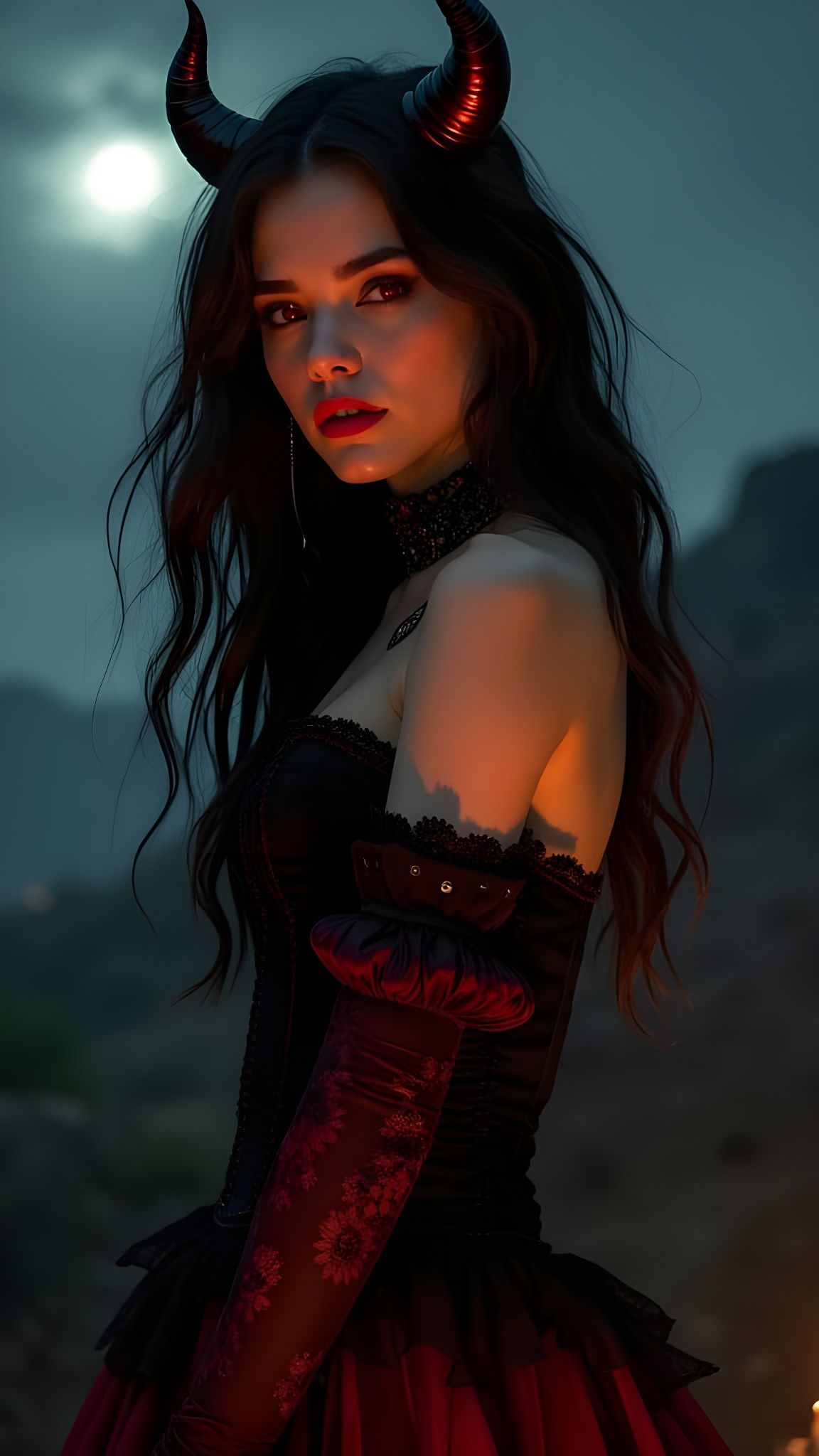 Victorian Devilish Seductress in Dark Fantasy Realm