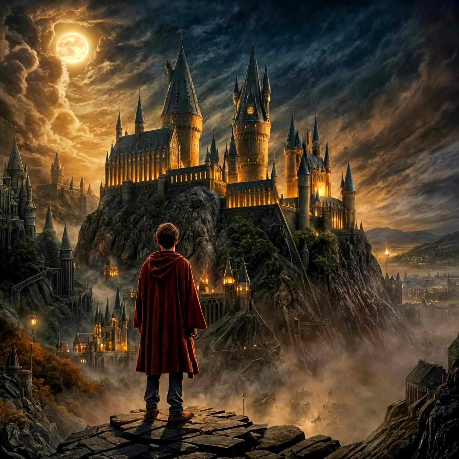 Harry Potter at Hogwarts Castle Misty Night Illustration
