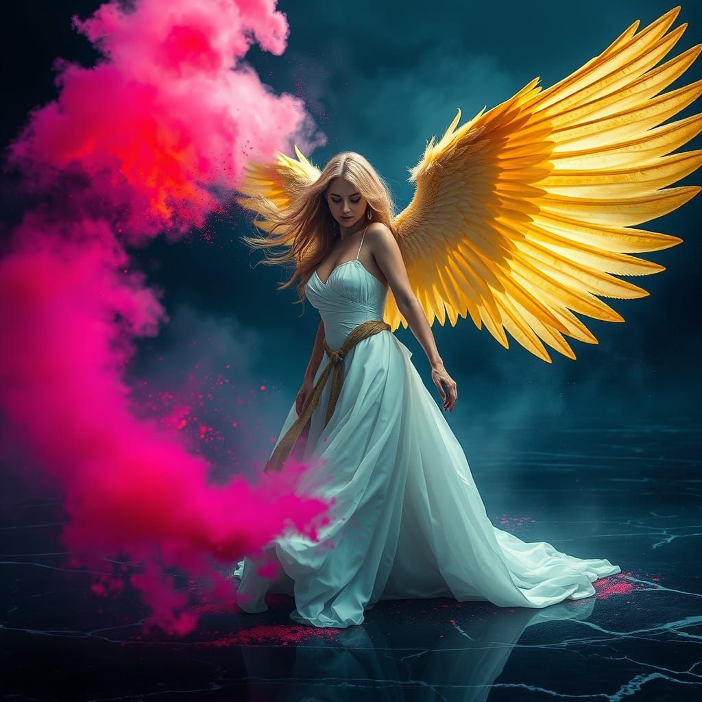 Golden Angel in Dark Fantasy Landscape