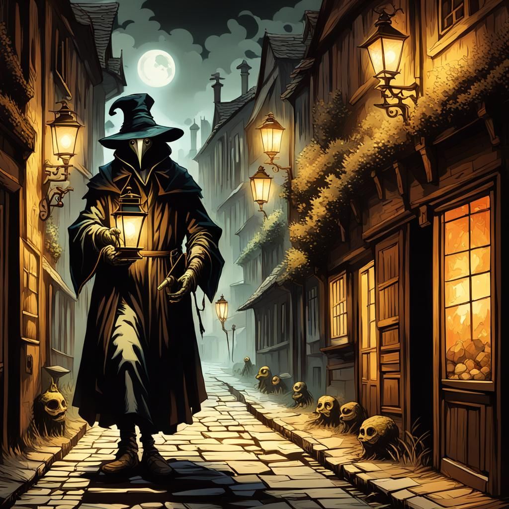 Plague Doctor in Dark Street, Renaissance Style