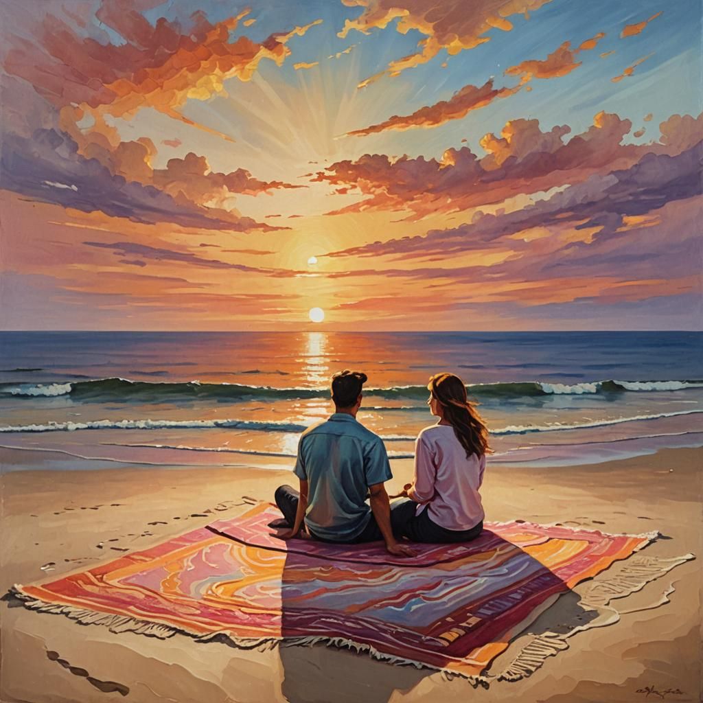 Couple Watching Sunset: Vibrant Oil Painting