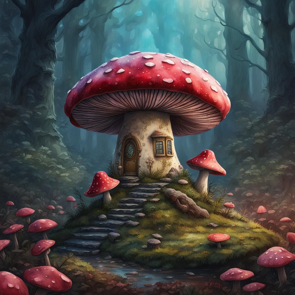 Watercolor Rose Under Toadstool: Fantasy Concept Art