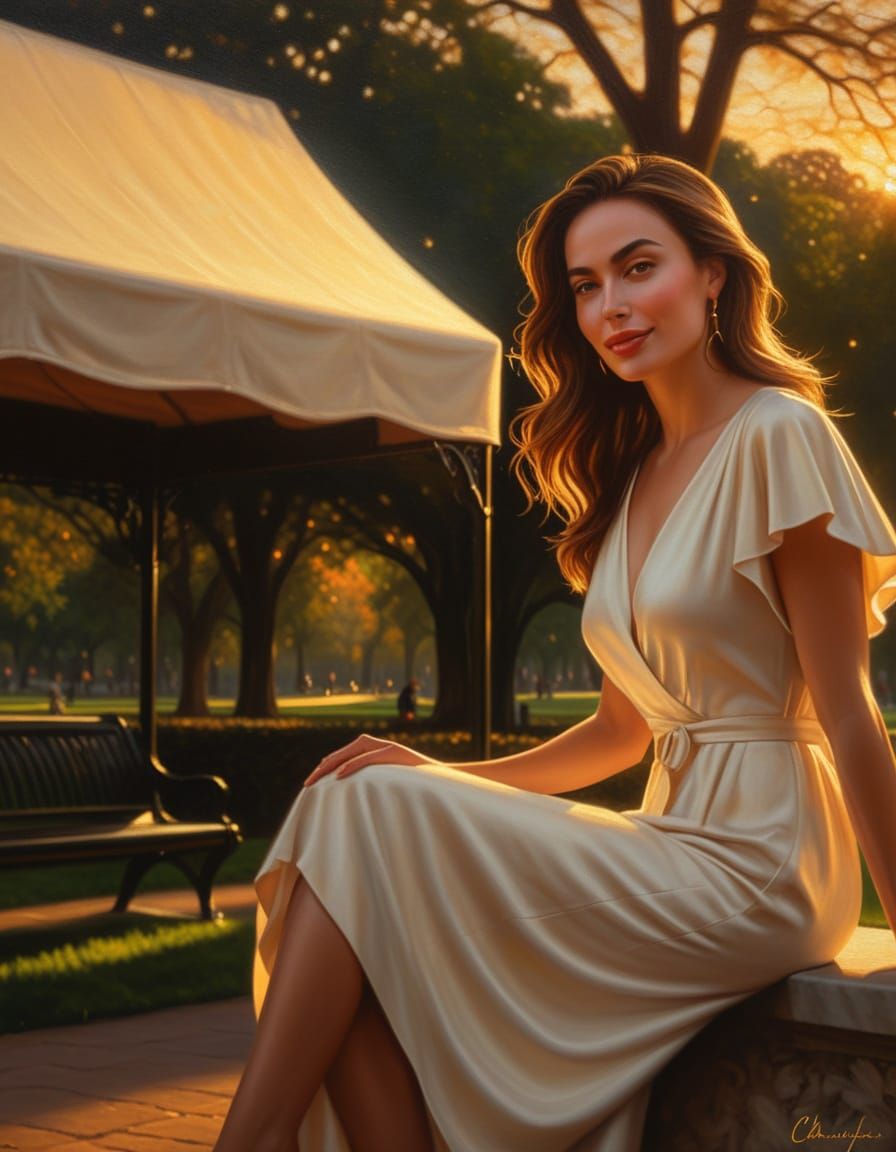 Woman in Park at Sunset as Oil Painting