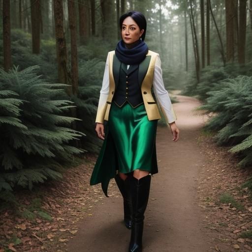 Businesswoman Walks Forest Path in Gold and Green